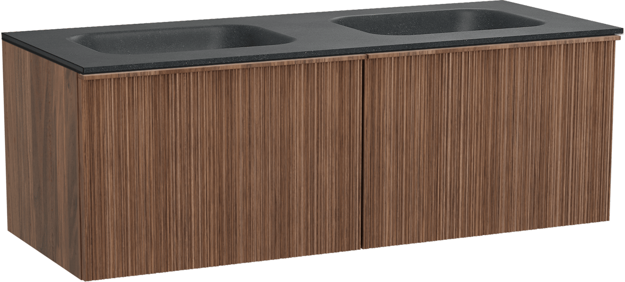 Balmani Forma zwevend badmeubel 135 x 55 cm amerikaans notenhout met Tablo Arcato dubbele wastafel in zwart graniet, Verticale asymmetrische ronde ribbel