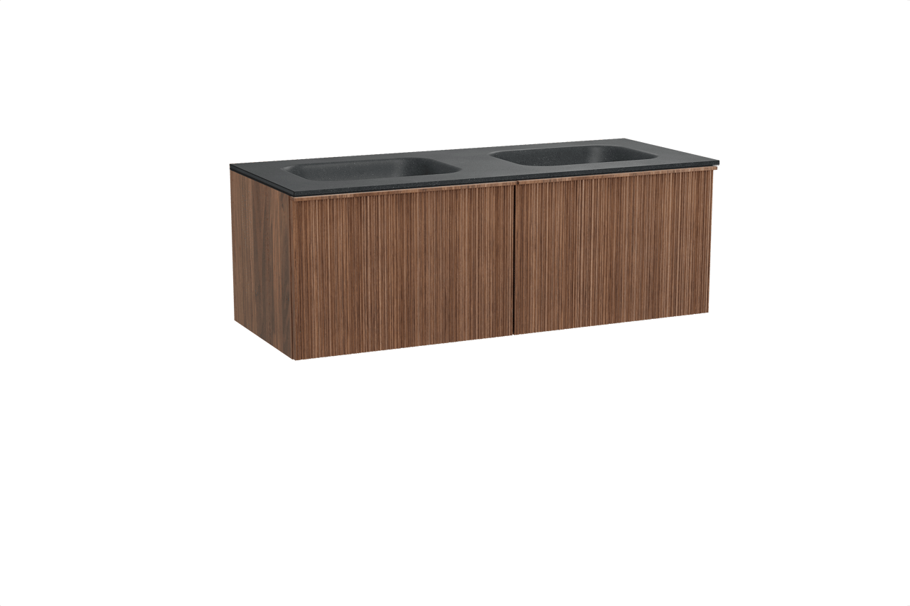 Balmani Forma hängendes Möbelstück Set: 135 x 55 cm, Amerikanischer Nussbaum, mit Tablo Arcato Doppelwaschtisch, Granit, Schwarzes Granit, Vertikale asymmetrische Runde Rippe