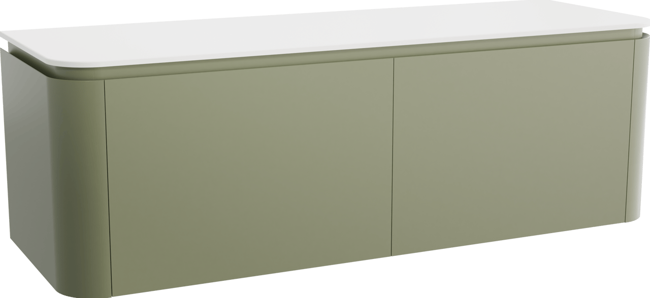 Balmani Moon zwevend badkamermeubel 160 x 55 cm saliegroen met Moon enkel of dubbel tablet in solid surface mat wit