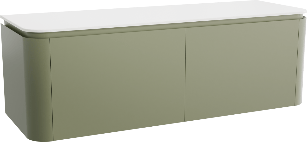 Balmani Moon meuble salle de bains suspendu 160 x 55 cm vert sauge avec Moon tablette simple ou double en solid surface blanc mat