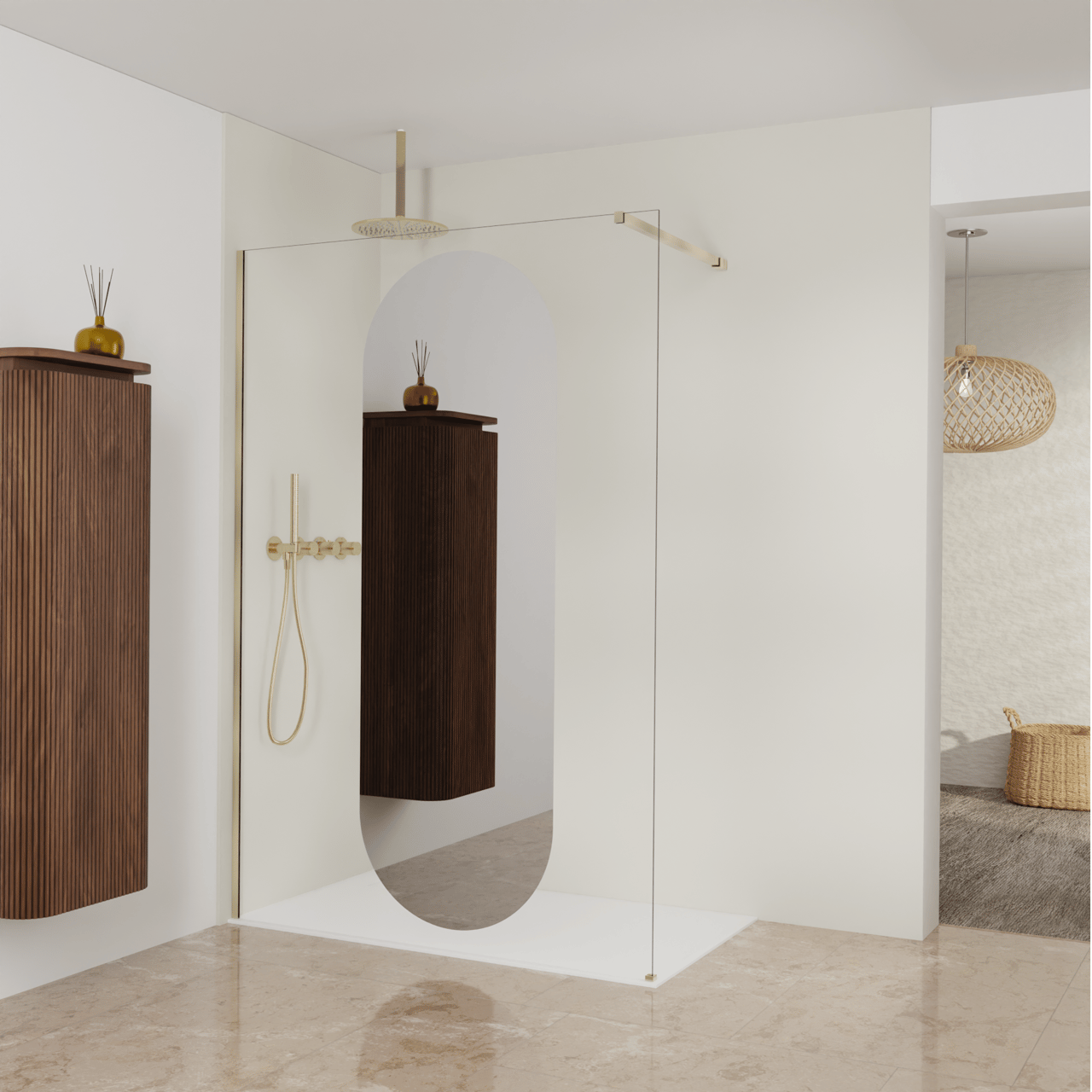 Balmani Modular Walk-In Dusche: 140 x 200 cm, Reflex-Spiegelglas Oval, Profil Brushed Champagne Gold