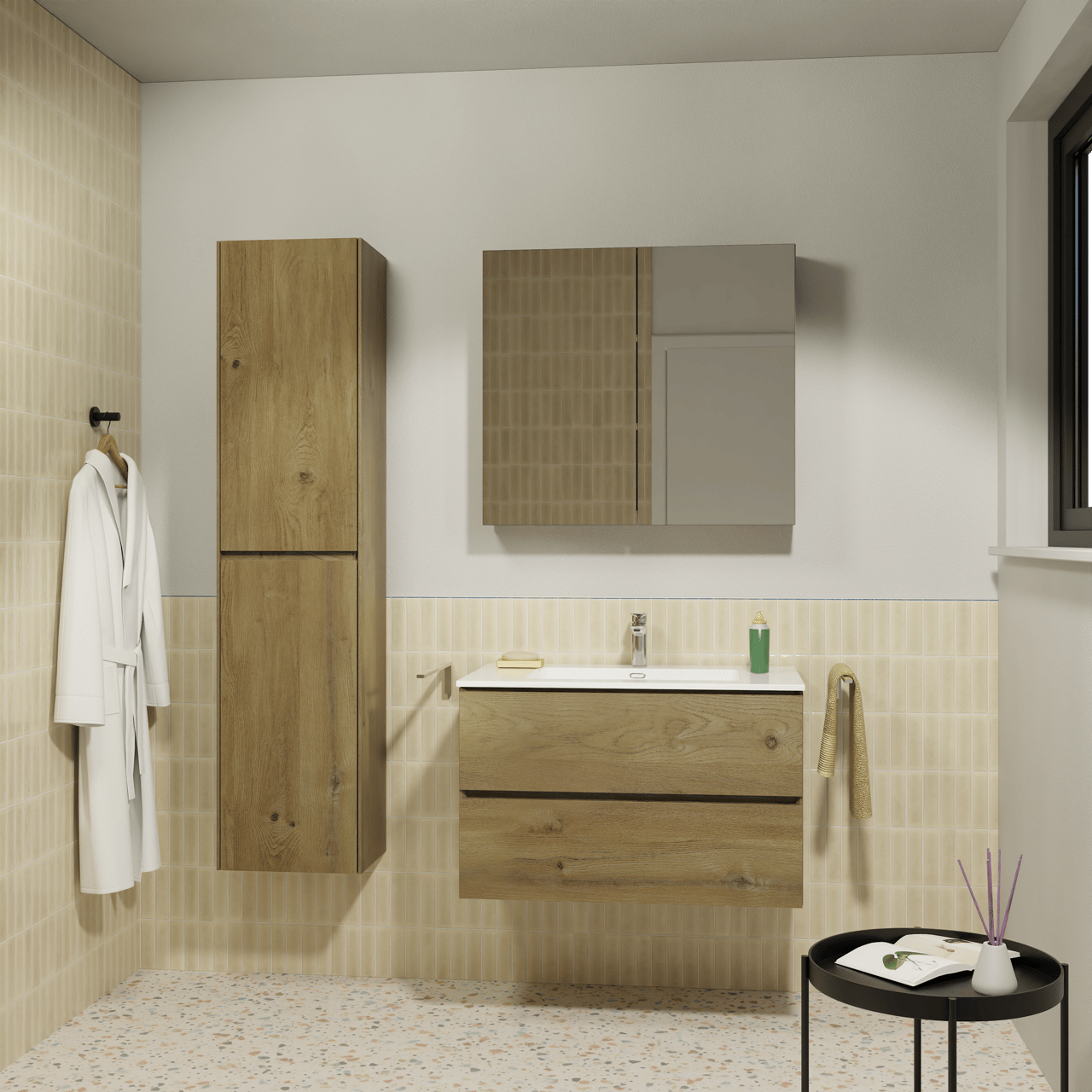 Storke Edge meuble salle de bains suspendu 85 x 52 cm chêne brut avec Diva plan simple en marbre composite blanc brillant et Reflecta armoire de toilette
