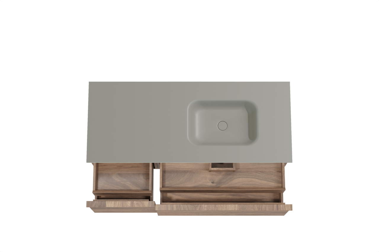 Balmani Forma zwevend badmeubel 135 x 55 cm amerikaans notenhout met Tablo Arcato asymmetrisch rechtse wastafel in solid surface steengrijs, Horizontale symmetrische rechte ribbel