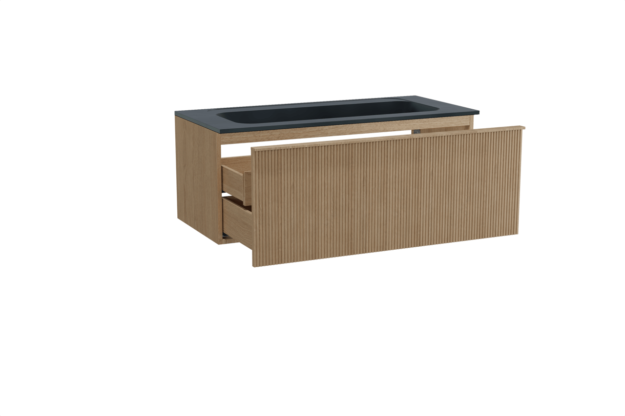 Balmani Forma meuble salle de bains suspendu 120 x 55 cm chêne naturel avec Tablo Strada lavabo simple pour 2 trous de robinet en marbre composite noir mat, Nervure droite symétrique verticale