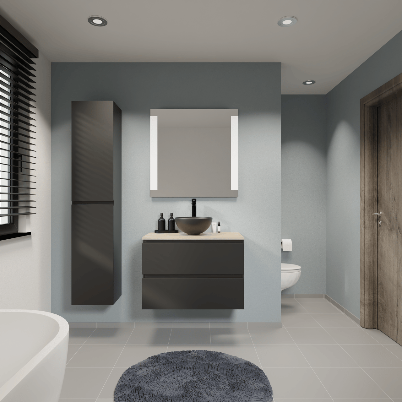 Linie Lado zwevend badmeubel 80 x 46 cm mat zwart met Lado enkel wastafelblad in melamine naturel eiken