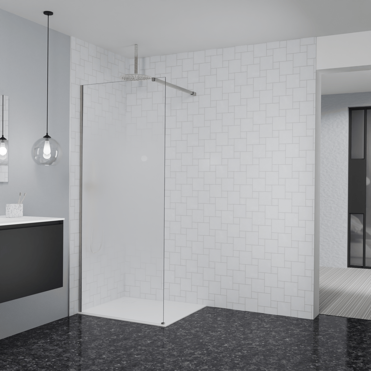 Balmani Modular douche à l'italienne: 90 x 200 cm, Permafrost, avec coating, Profil Brushed CoolMetal
