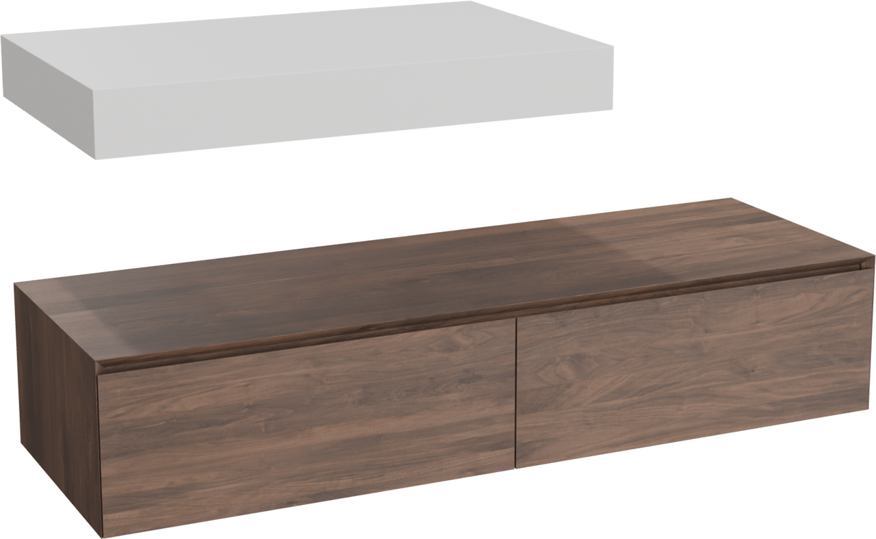 Balmani Mitra Elements zwevend badkamermeubel 150 x 55 cm Amerikaanse notelaar met Dominus enkel tablet 90 cm in solid surface mat wit