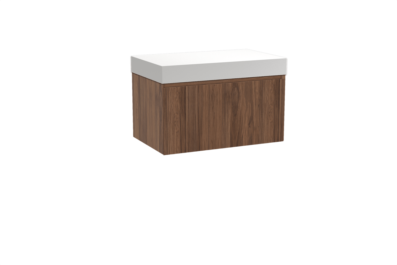 Balmani Fila meuble salle de bains suspendu 90 x 55 cm noyer avec Dominus tablette simple en solid surface blanc mat, Nervure droite symétrique verticale