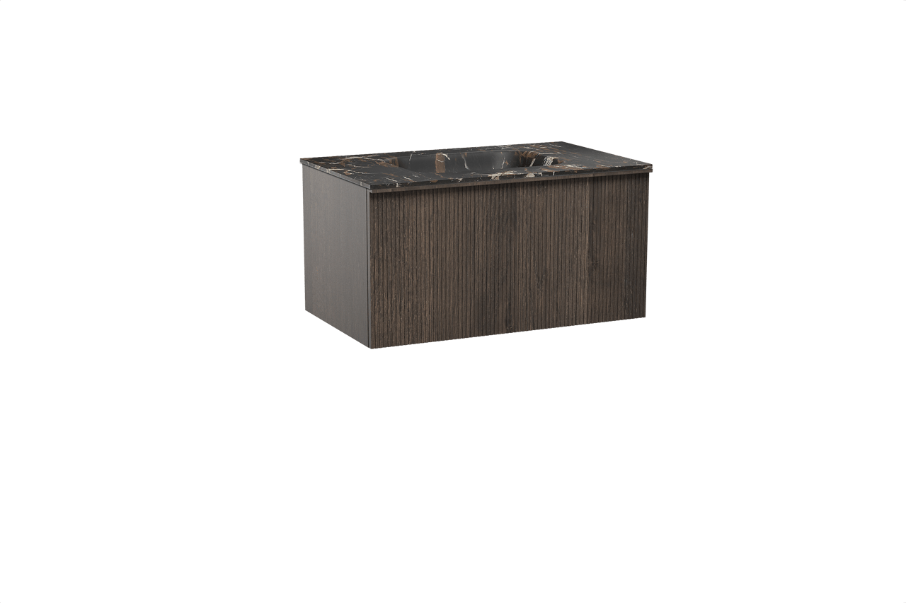 Balmani Forma zwevend badmeubel 90 x 55 cm gerookt eiken met Tablo Arcato enkele wastafel in marmer portoro gold, Verticale symmetrische rechte ribbel