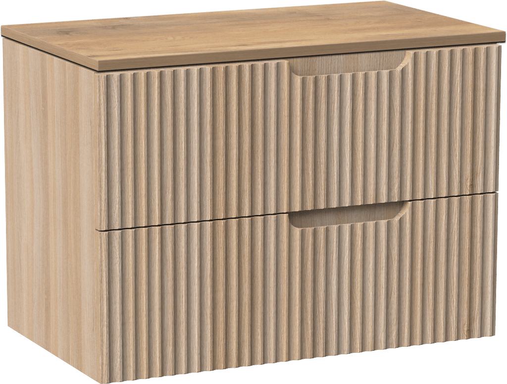 Linie Ribbo zwevend badmeubel 80 x 46 cm licht eiken met Lado enkel wastafelblad in melamine naturel eiken, Verticale symmetrische ronde ribbel