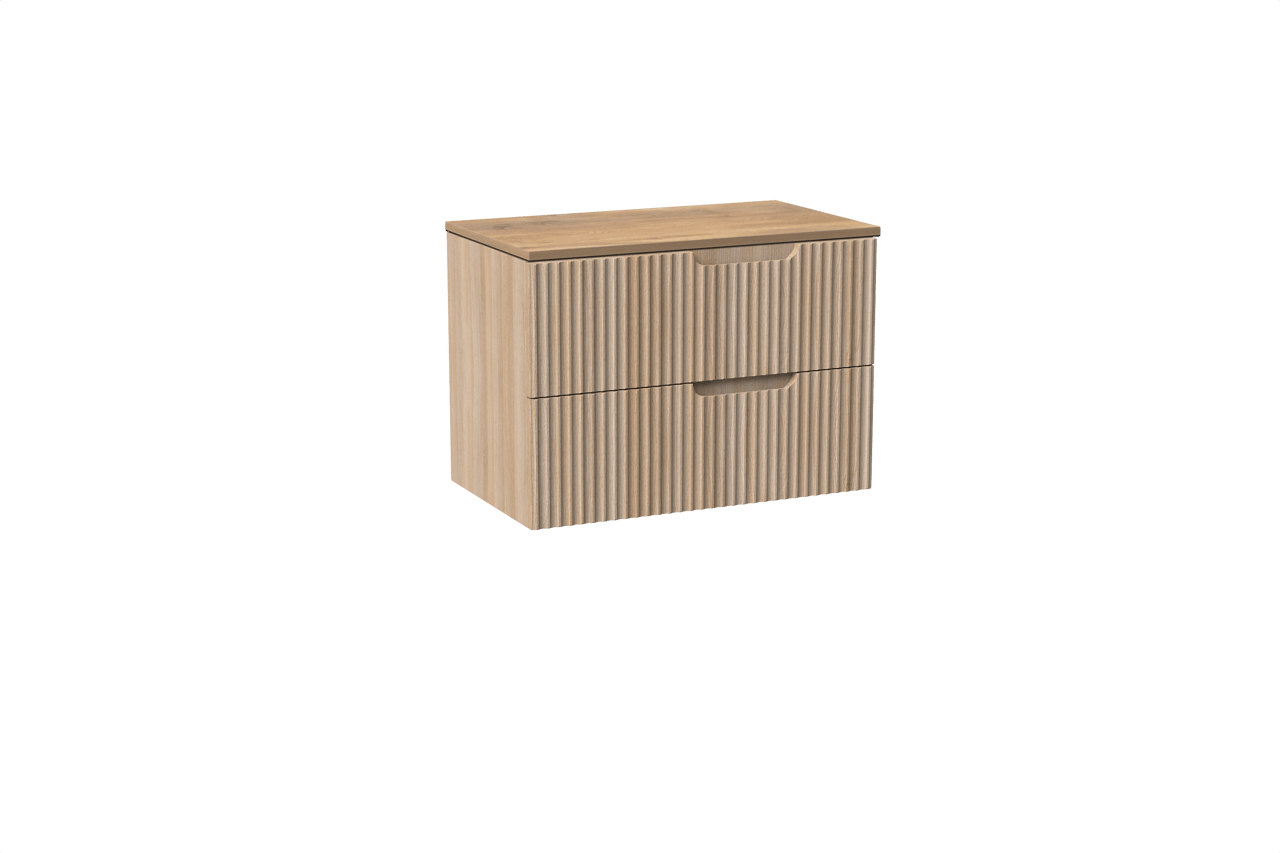 Linie Ribbo meuble salle de bains suspendu 80 x 46 cm chêne clair avec Lado tablette simple en mélaminé chêne naturel, Nervure circulaire symétrique verticale