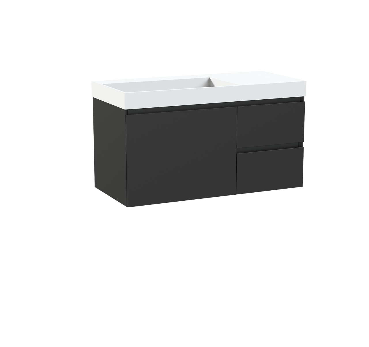 Storke Edge hängendes Badezimmermöbel 100 × 46 cm, Schwarz matt, mit Jura-Waschtisch links aus mattem weißem Solid Surface