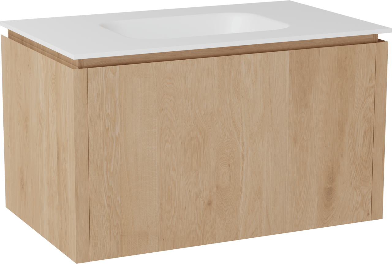 Balmani Eclips meuble salle de bains suspendu 90 x 55 cm Chêne naturelle avec Tablo Arcato plan simple en Solid Surface blanc mat
