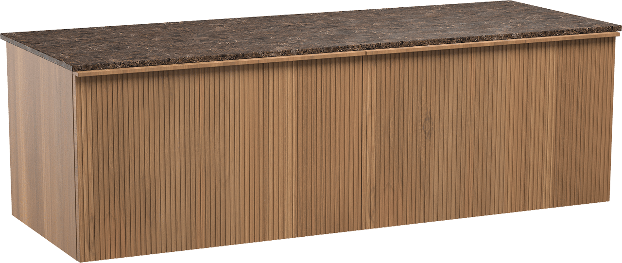 Balmani Forma zwevend badmeubel 150 x 55 cm teakhout met Stretto enkel of dubbel wastafelblad in marmer dark emperador, Verticale symmetrische rechte ribbel