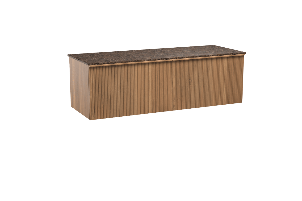 Balmani Forma hängendes Möbelstück Set: 150 x 55 cm, Teak, mit Stretto Einzel- oder Doppel Waschtischplatte, Marmor, Dark Emperador, Vertikale symmetrische gerade Rippe