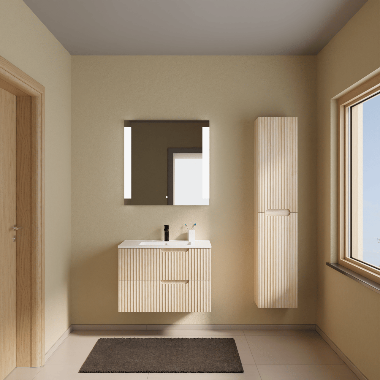Linie Ribbo meuble salle de bains suspendu 80 x 46 cm chêne clair avec Vano plan simple en marbre composite blanc brillant, Nervure circulaire symétrique verticale