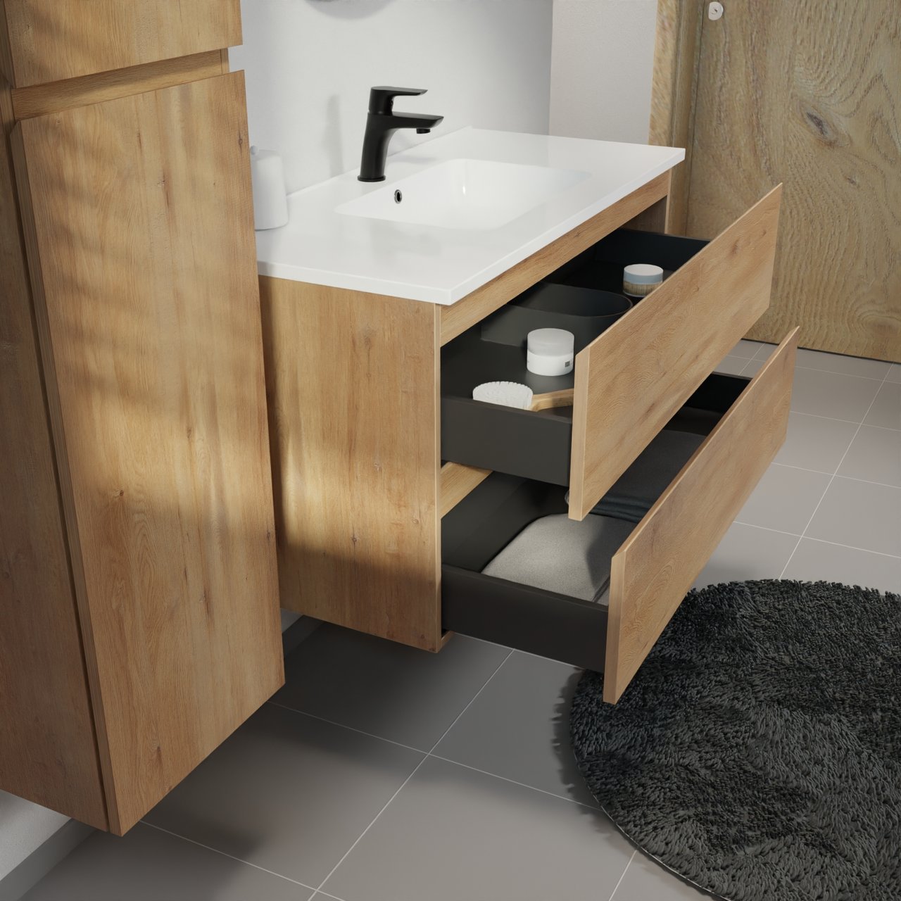 Linie Lado meuble salle de bains suspendu 100 x 46 cm chêne naturel avec Vano plan simple en marbre composite blanc brillant