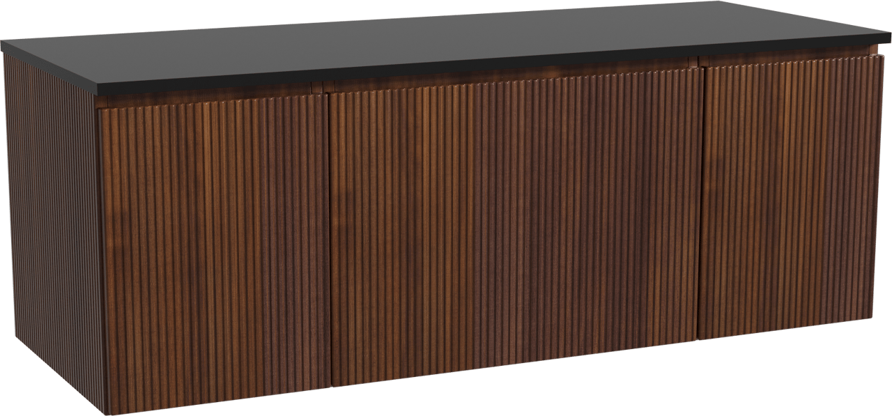 Storke Ribs zwevend badmeubel 135 x 52 cm notenhout met Panton enkel of dubbel wastafelblad in gepoedercoate mdf mat zwart, Verticale symmetrische rechte ribbel