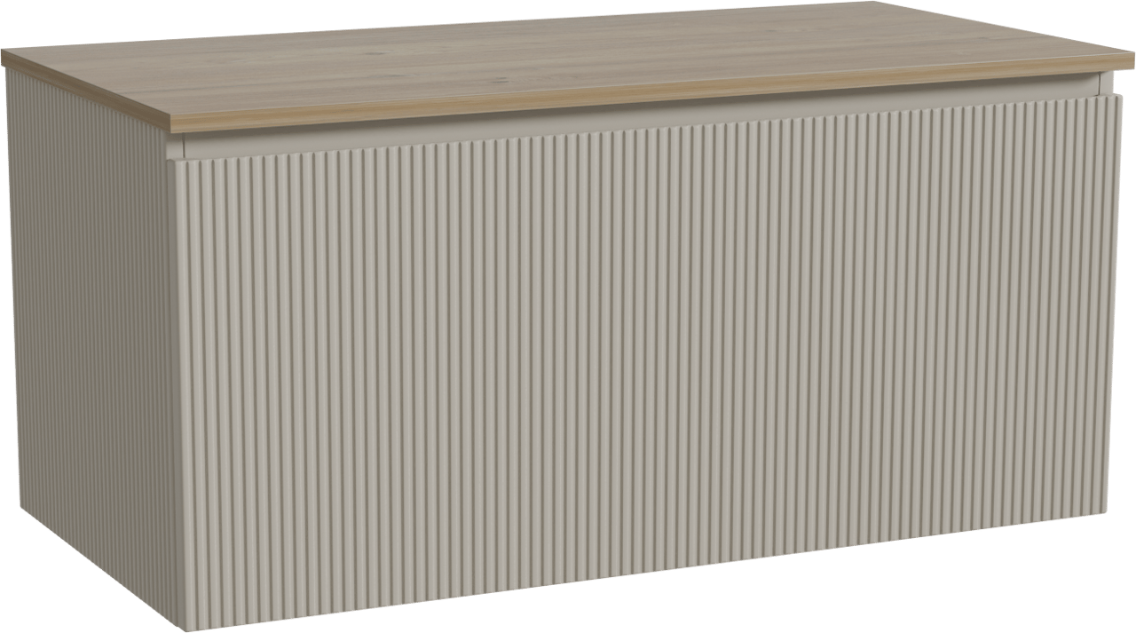 Storke Ribs zwevend badmeubel 105 x 52 cm zijdegrijs met Panton enkel wastafelblad in melamine ruw eiken, Verticale symmetrische rechte ribbel