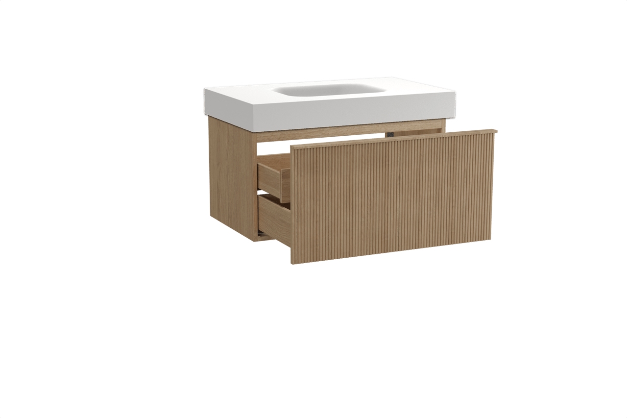 Balmani Forma meuble salle de bains suspendu 90 x 55 cm chêne naturel avec Arcato plan simple en solid surface blanc mat, Nervure droite symétrique verticale