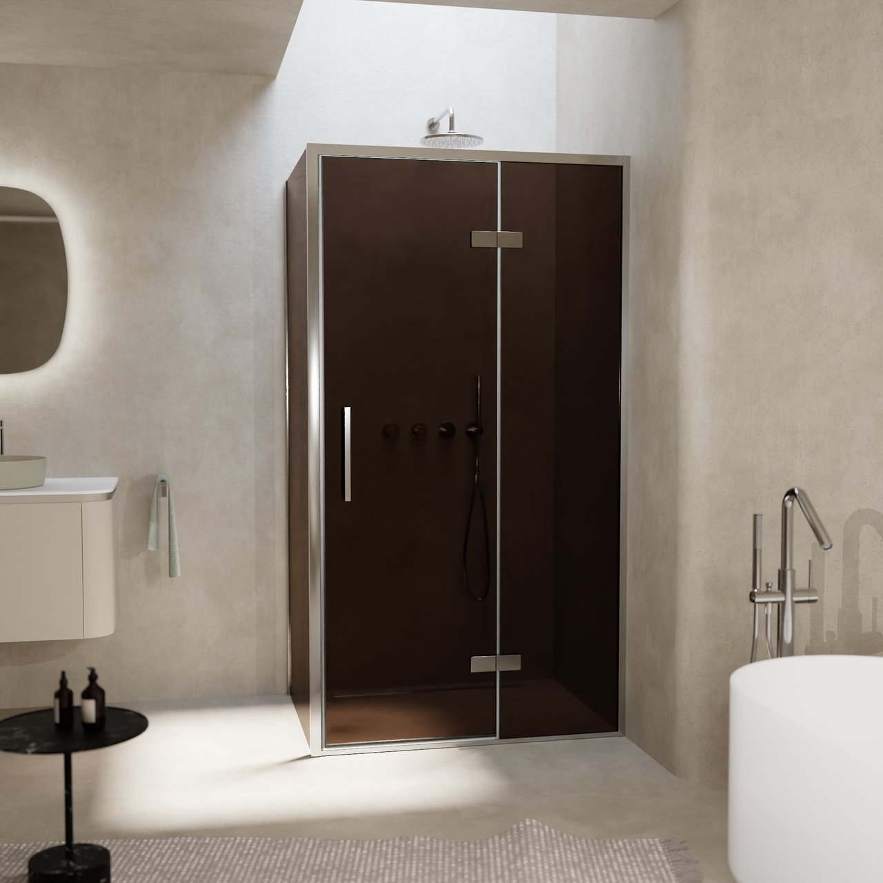 Balmani Senses Design Eckdusche: Drehtür (Rechts) mit fixierte Seitenwand, 100 x 100 cm, Bronze, Profil Chrom
