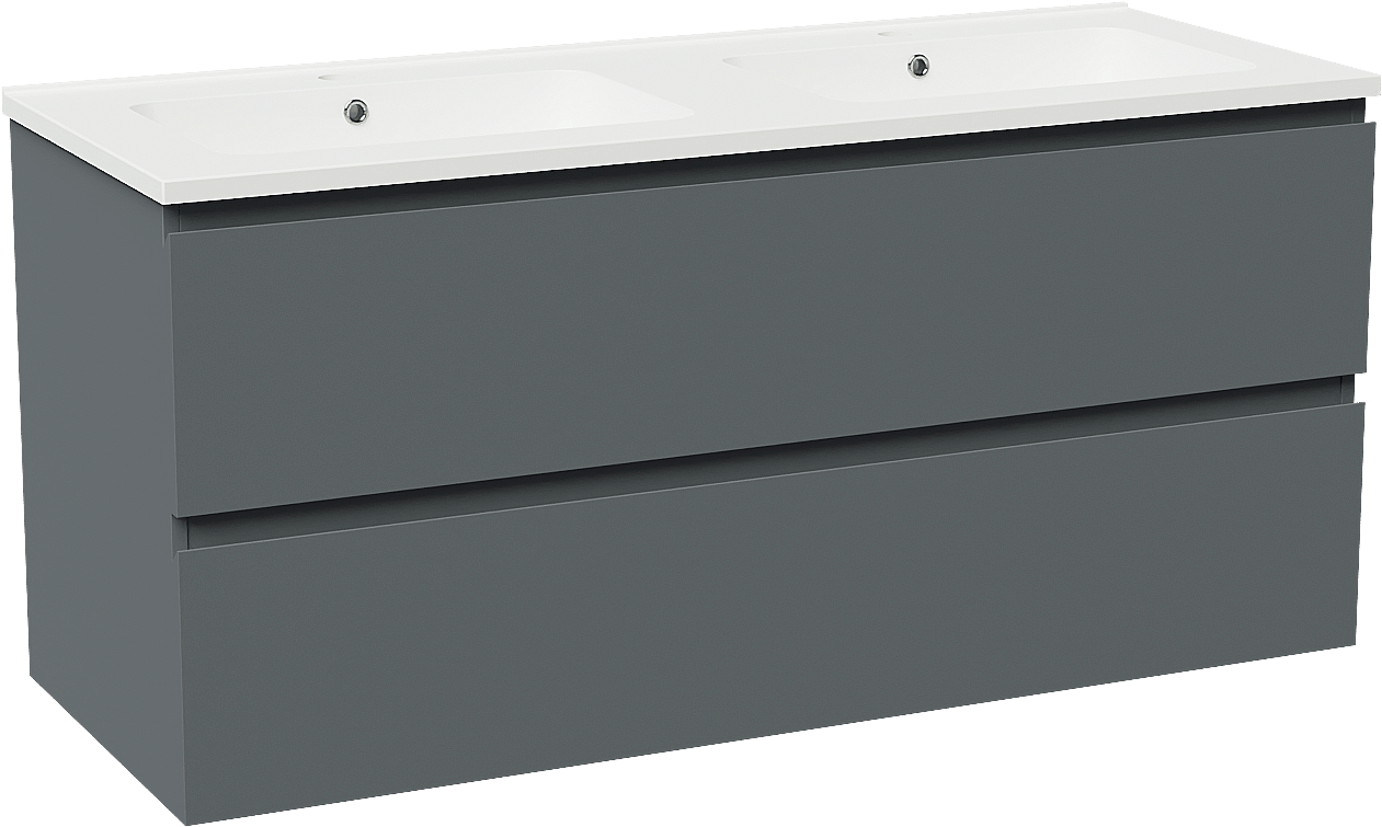 Linie Lado meuble salle de bains suspendu 120 x 46 cm bleu anthracite avec Vano double vasque en marbre composite blanc mat