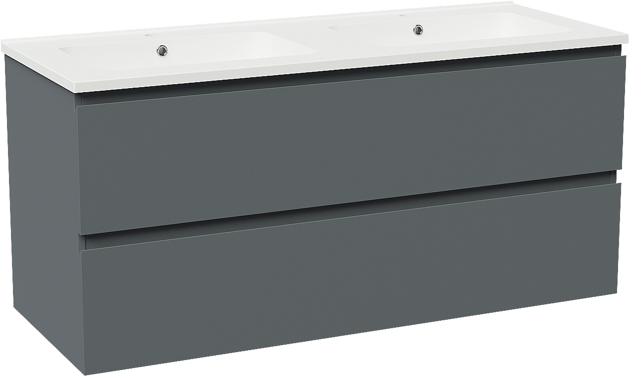 Linie Lado meuble salle de bains suspendu 120 x 46 cm bleu anthracite avec Vano double vasque en marbre composite blanc mat