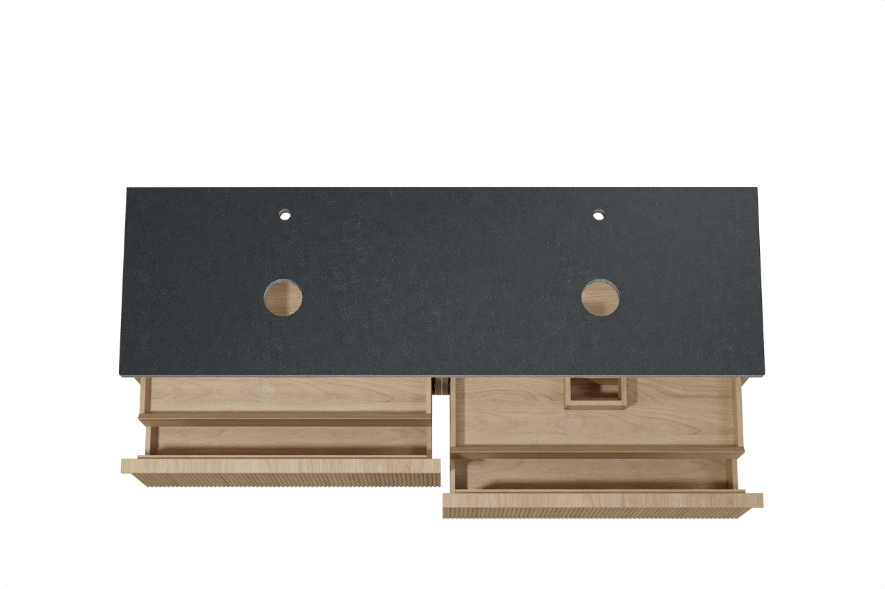 Balmani Forma zwevend badkamermeubel 180 x 55 cm natuur eik met Rock dubbel tablet in graniet zwart, Verticale symmetrische rechte ribbel