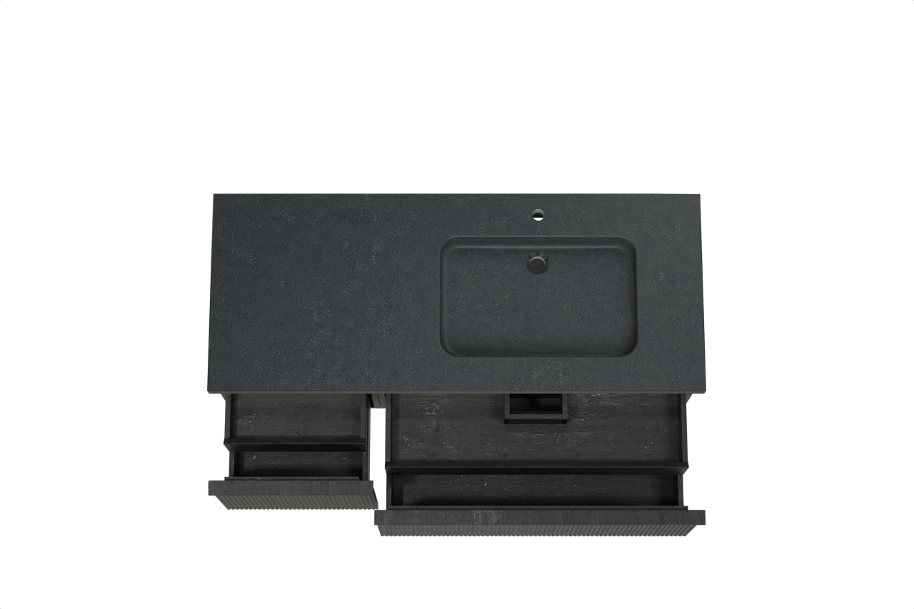 Balmani Forma meuble salle de bains suspendu 135 x 55 cm chêne noir avec Napoli plan vasque asymétrique à droite en granit noir, Nervure droite symétrique verticale