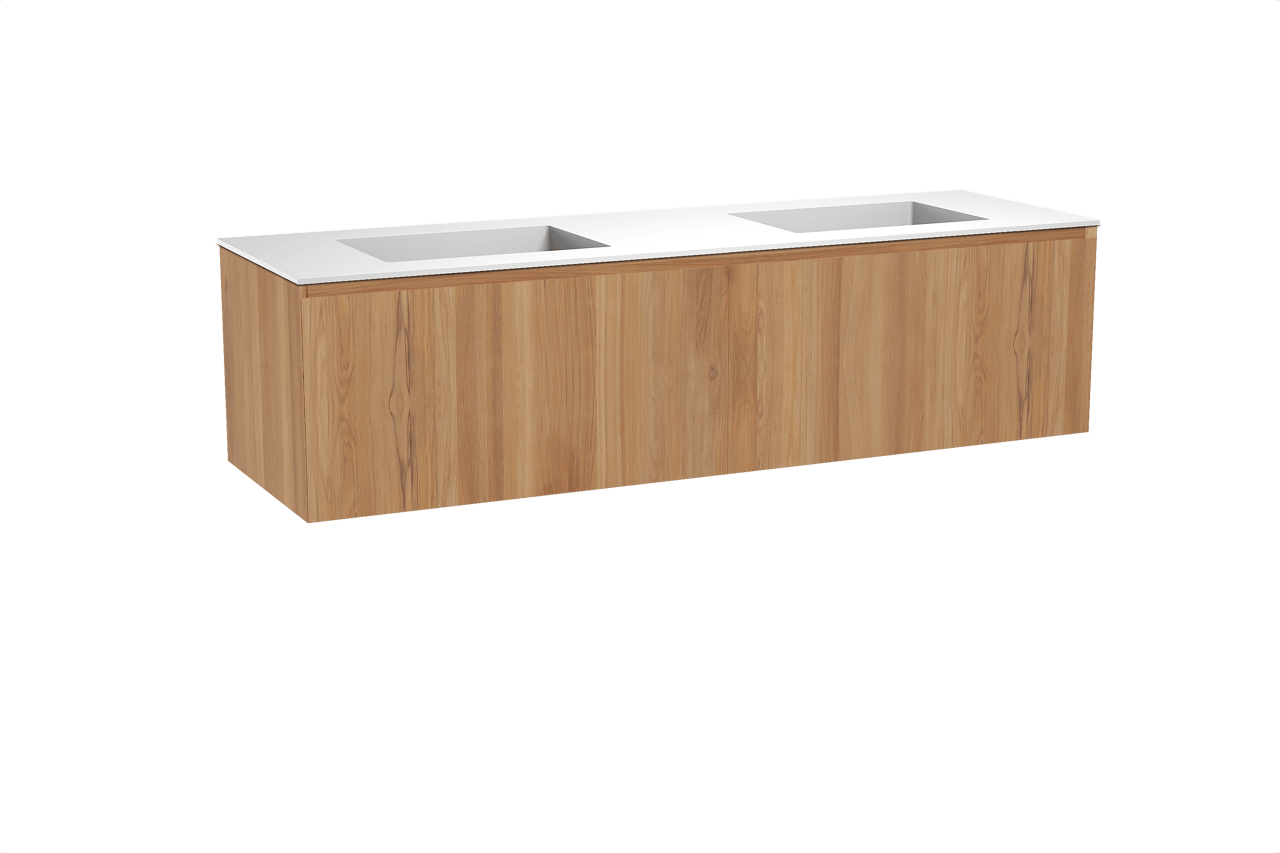 Balmani Idra zwevend badkamermeubel 180 x 55 cm teak met Tablo Stretto dubbele wastafel in solid surface mat wit