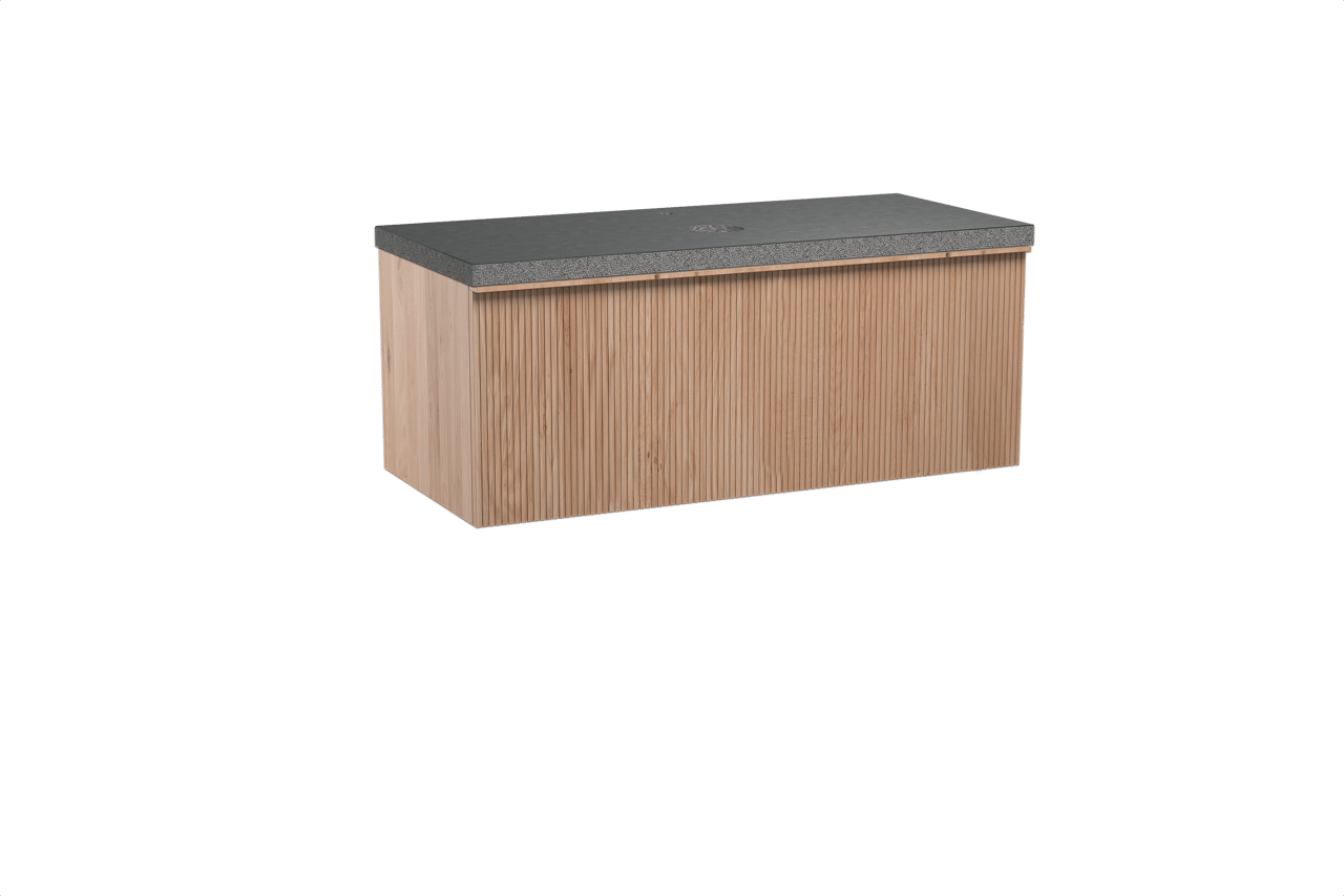 Balmani Forma meuble salle de bains suspendu 120 x 55 cm chêne naturel avec Rock tablette simple en granit noir, Nervure gauche symétrique verticale