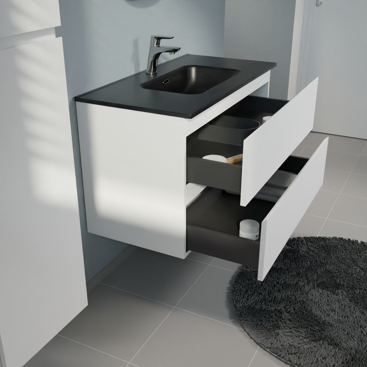 Linie Lado meuble salle de bains suspendu 90 x 46 cm blanc mat avec Baro plan simple en porcelaine noir mat