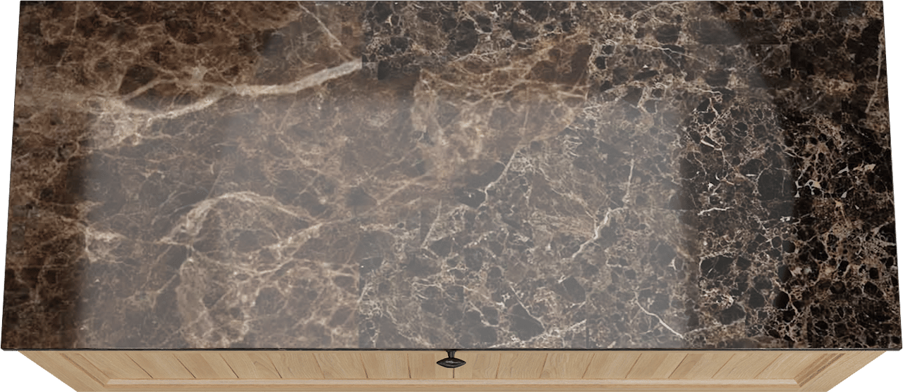Balmani Lemon zwevend badkamermeubel 135 x 55 cm, fineer natuur eik met Stretto enkel of dubbel tablet in dark emperador