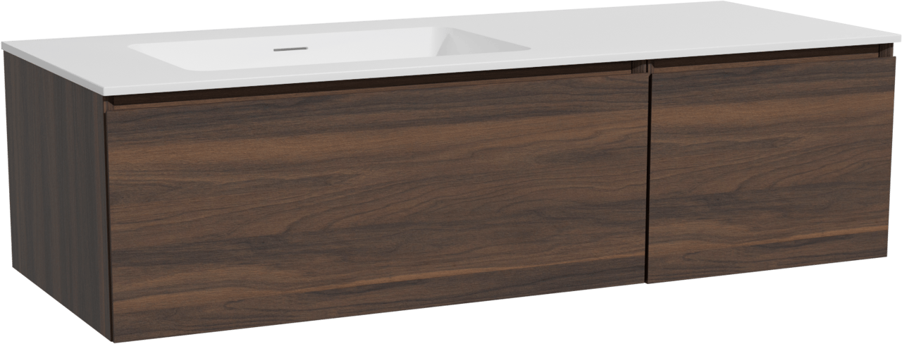 Storke Edge hängendes Möbelstück Set: 130 x 52 cm, Nussbaum, mit Mata Waschtisch links, Solid Surface Weiß matt