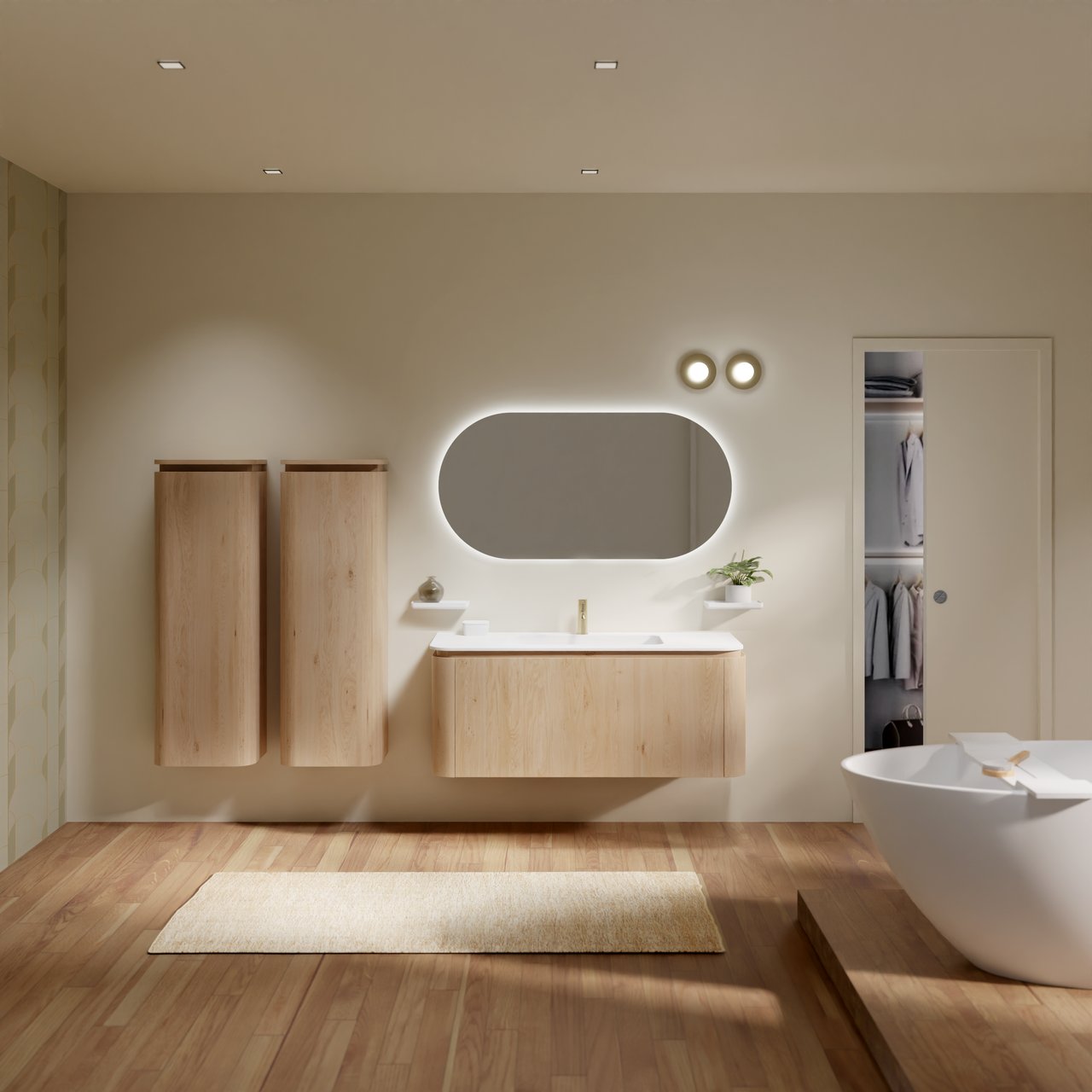 Balmani Moon zwevend badkamermeubel 130 x 55 cm natuur eik met Moon enkele wastafel in solid surface mat wit