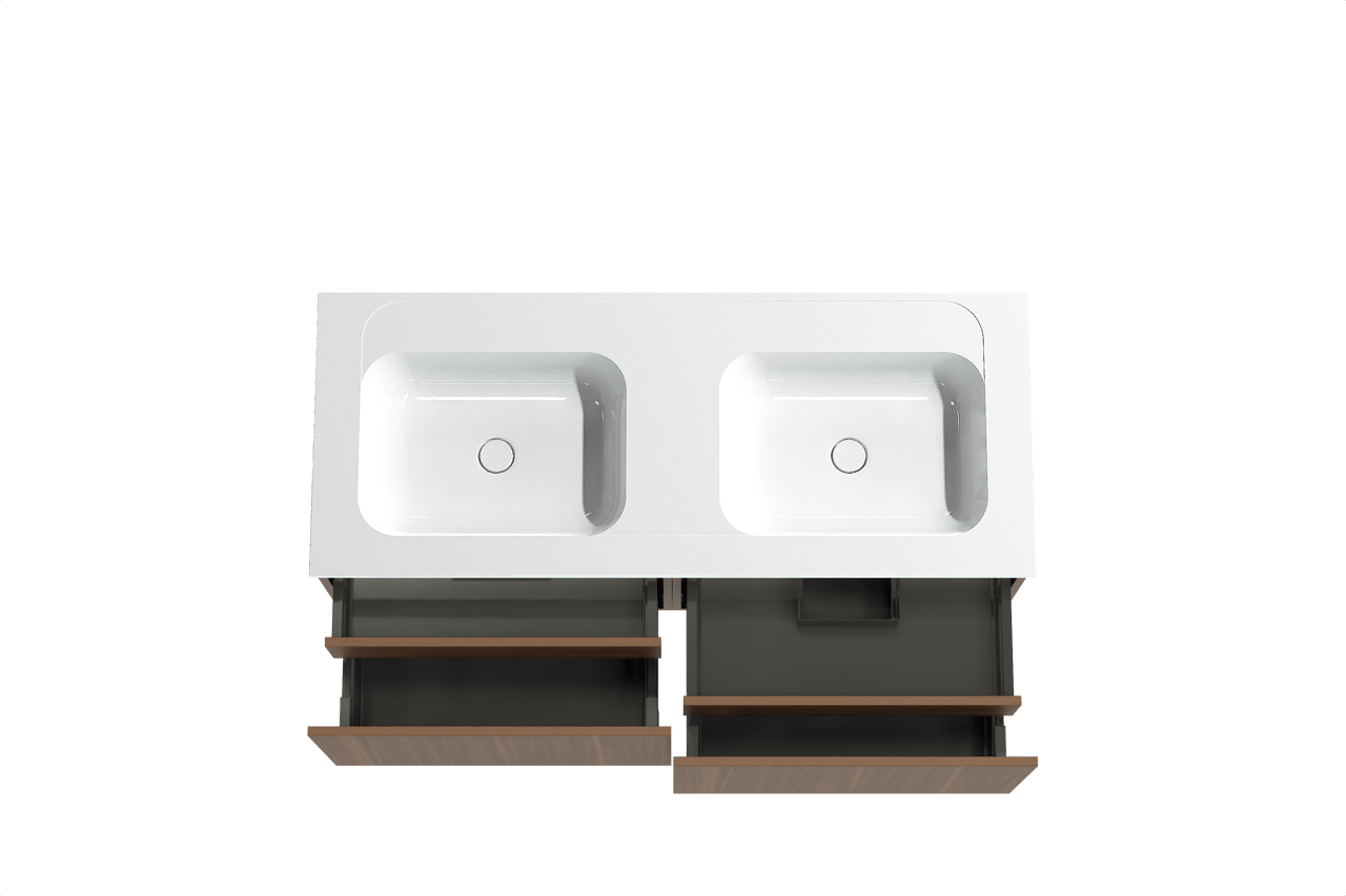 Balmani Sfera meuble salle de bains suspendu 135 x 55 cm noyer américain avec Tablo Strada double vasque en marbre composite blanc brillant