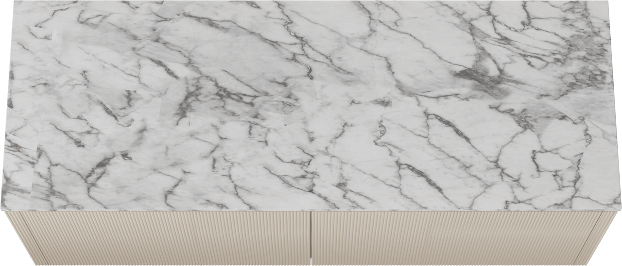 Balmani Eclips zwevend badkamermeubel 150 x 55 cm Sandbeige met Stretto enkel of dubbel tablet in Carrara marmer, Verticale symmetrische rechte ribbel