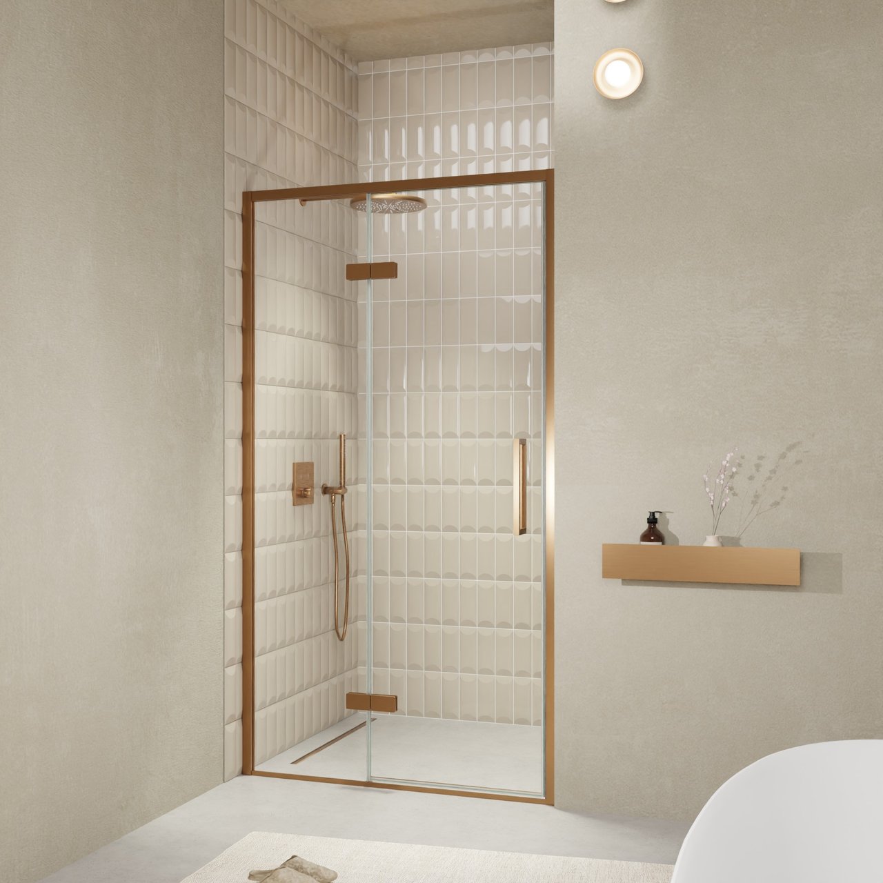 Balmani Senses Design porte pivotante à gauche 120 cm x 210 cm verre transparent, Profil Brushed Rosegold