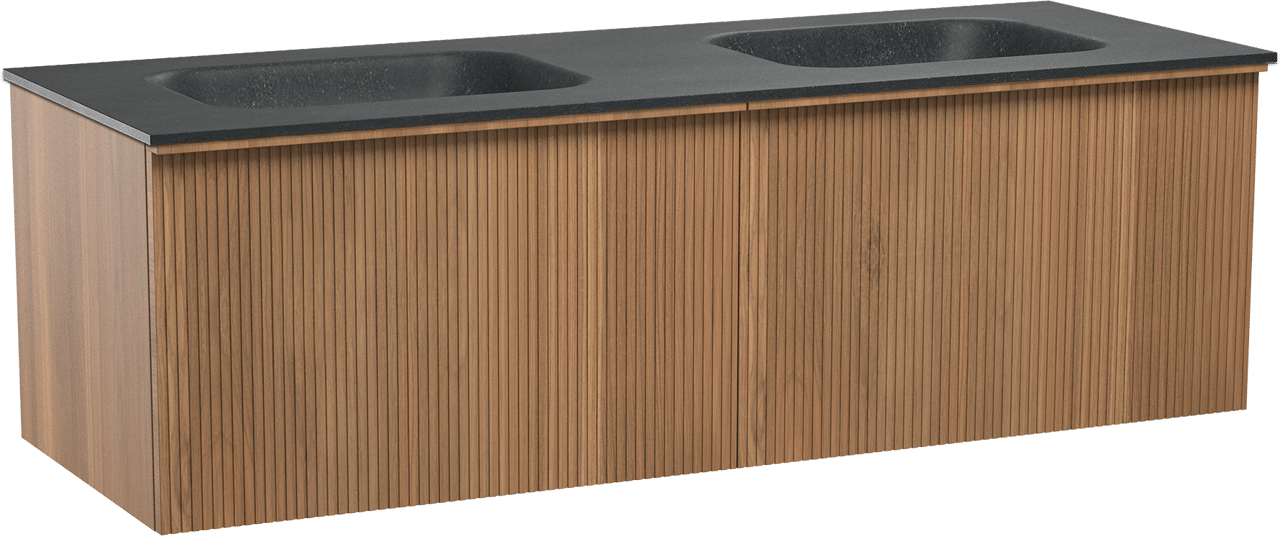 Balmani Forma zwevend badmeubel 150 x 55 cm teakhout met Tablo Arcato dubbele wastafel in zwart graniet, Verticale symmetrische rechte ribbel
