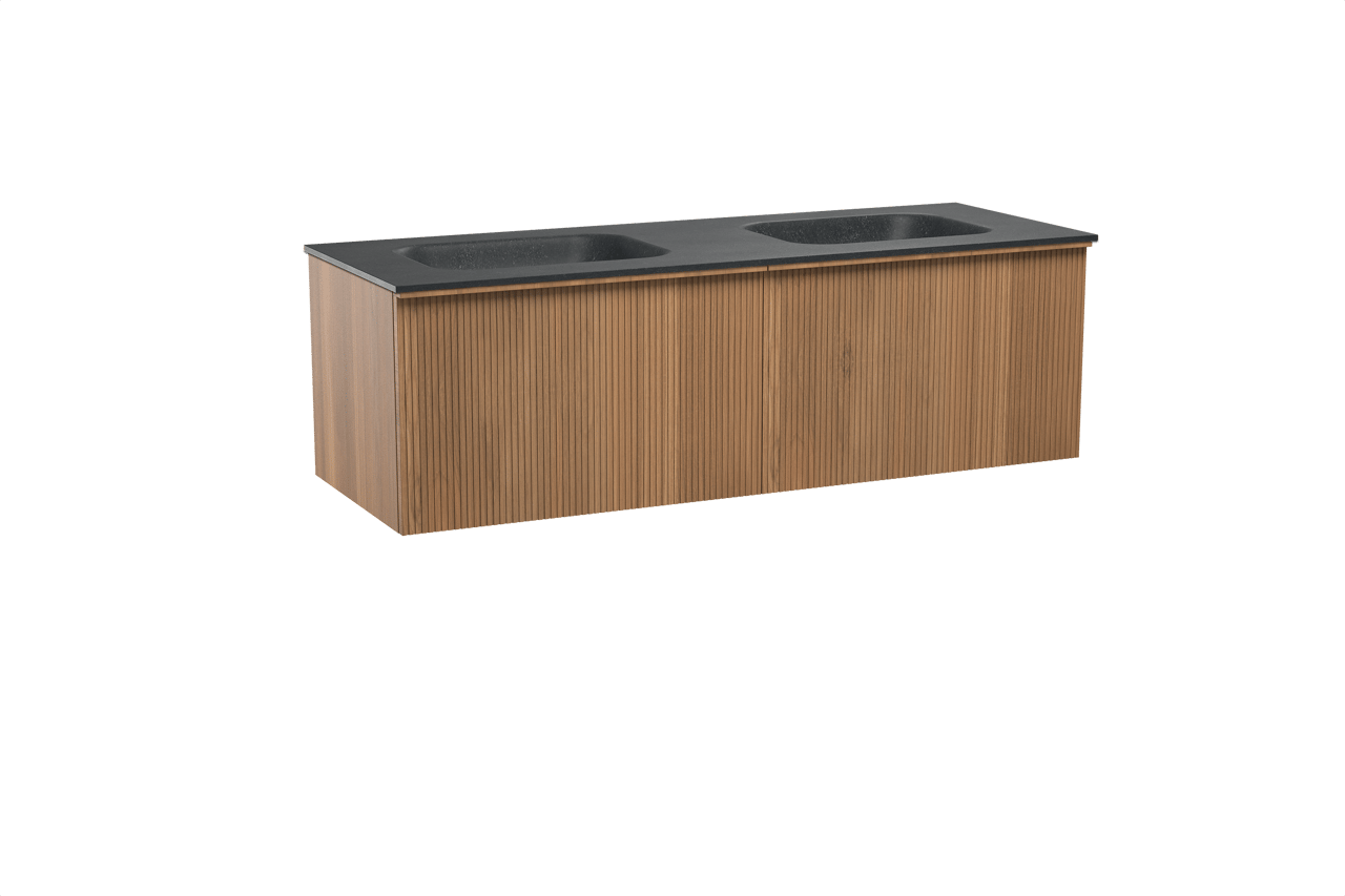 Balmani Forma meuble salle de bains suspendu 150 x 55 cm teck avec Tablo Arcato double vasque en granit noir, Nervure droite symétrique verticale