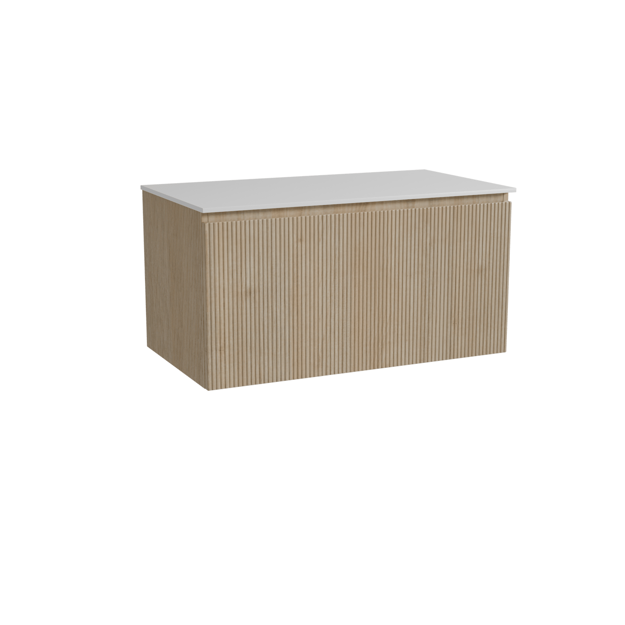 Storke Ribs hängendes Möbelstück Set: 95 x 52 cm, Rohe Eiche, mit Tavola Einzel Waschtischplatte, Solid Surface, Weiß matt, Vertikale symmetrische gerade Rippe