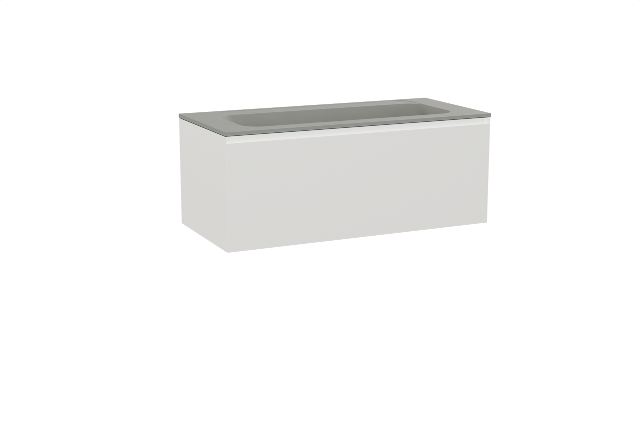 Balmani Idra zwevend badkamermeubel 120 x 55 cm mat wit met Tablo Strada enkele wastafel voor 2 kraangaten in composietmarmer zijdegrijs