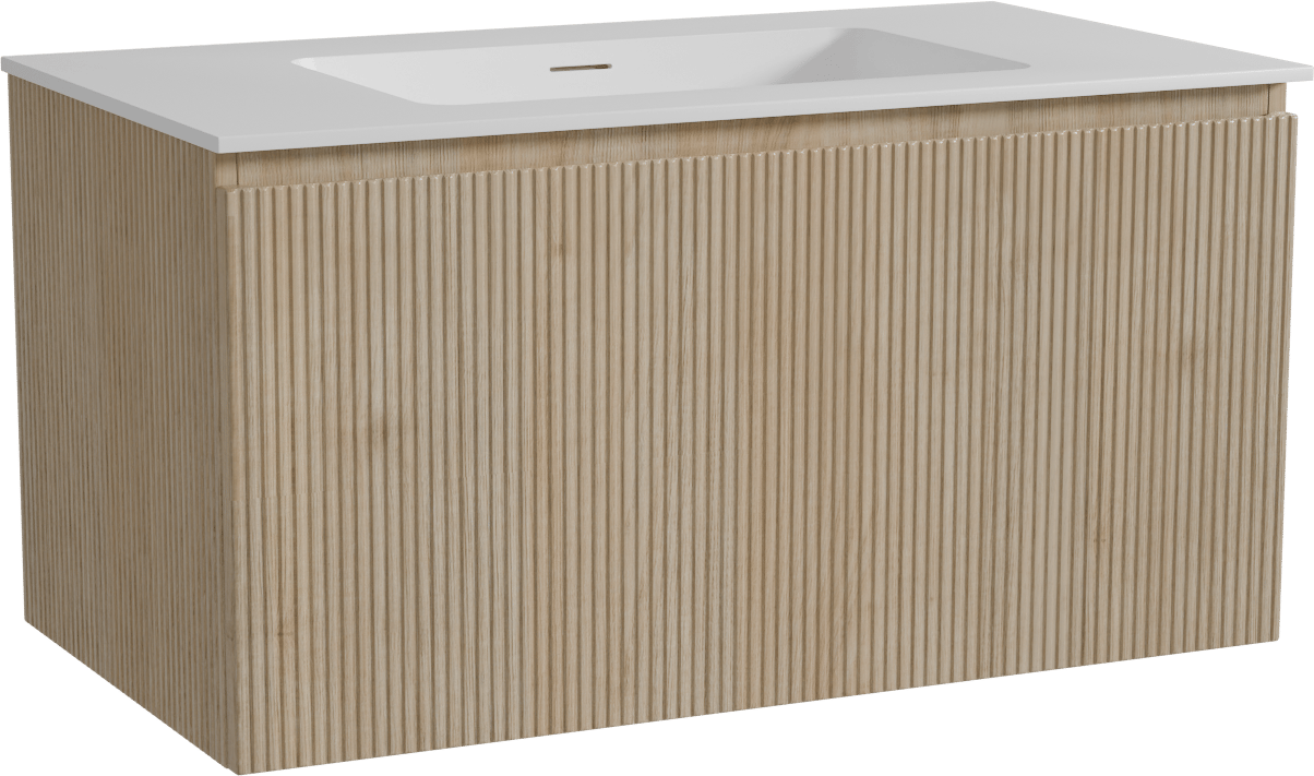 Storke Ribs zwevend badmeubel 95 x 52 cm ruw eiken met Mata enkele wastafel in solid surface mat wit, Verticale symmetrische rechte ribbel