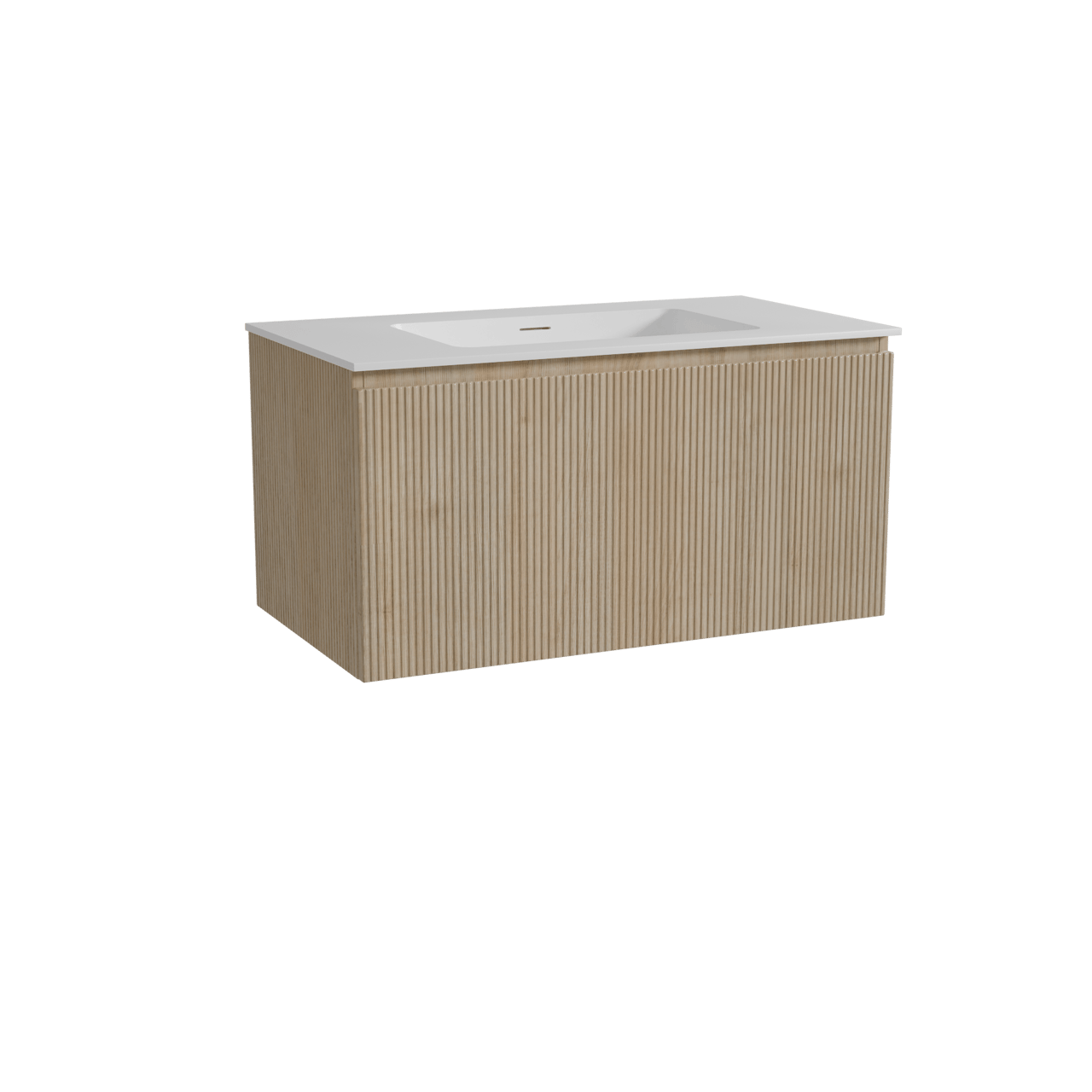 Storke Ribs hängendes Möbelstück Set: 95 x 52 cm, Rohe Eiche, mit Mata Einzelwaschtisch, Solid Surface, Weiß matt, Vertikale symmetrische gerade Rippe