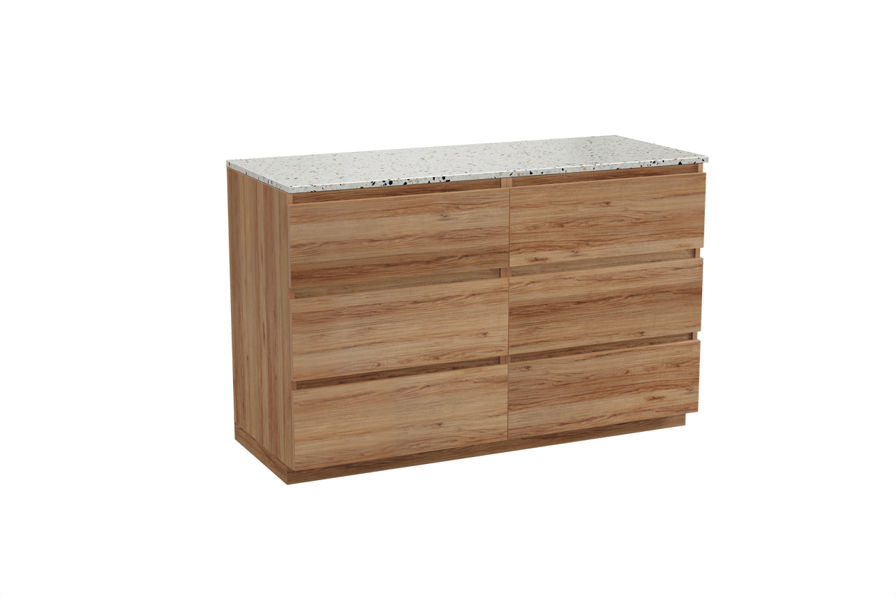 Balmani Lucida freistehendes Möbelstück Set: 135 x 55 cm, Teak, mit Stretto Einzel- oder Doppel Waschtischplatte, Terrazzo in Weiß/Schwarz matt