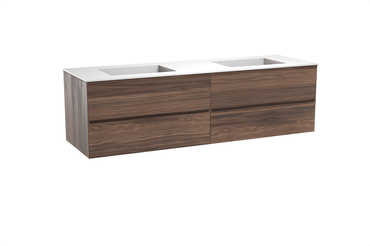 Balmani Mitra meuble salle de bains suspendu 180 x 55 cm noyer avec Tablo Stretto double vasque en solid surface blanc mat