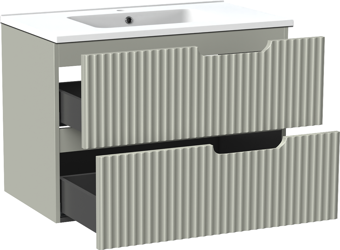 Linie Ribbo zwevend badkamermeubel 80 x 46 cm greige met Vano enkele wastafel in composietmarmer mat wit, Verticale symmetrische ronde ribbel