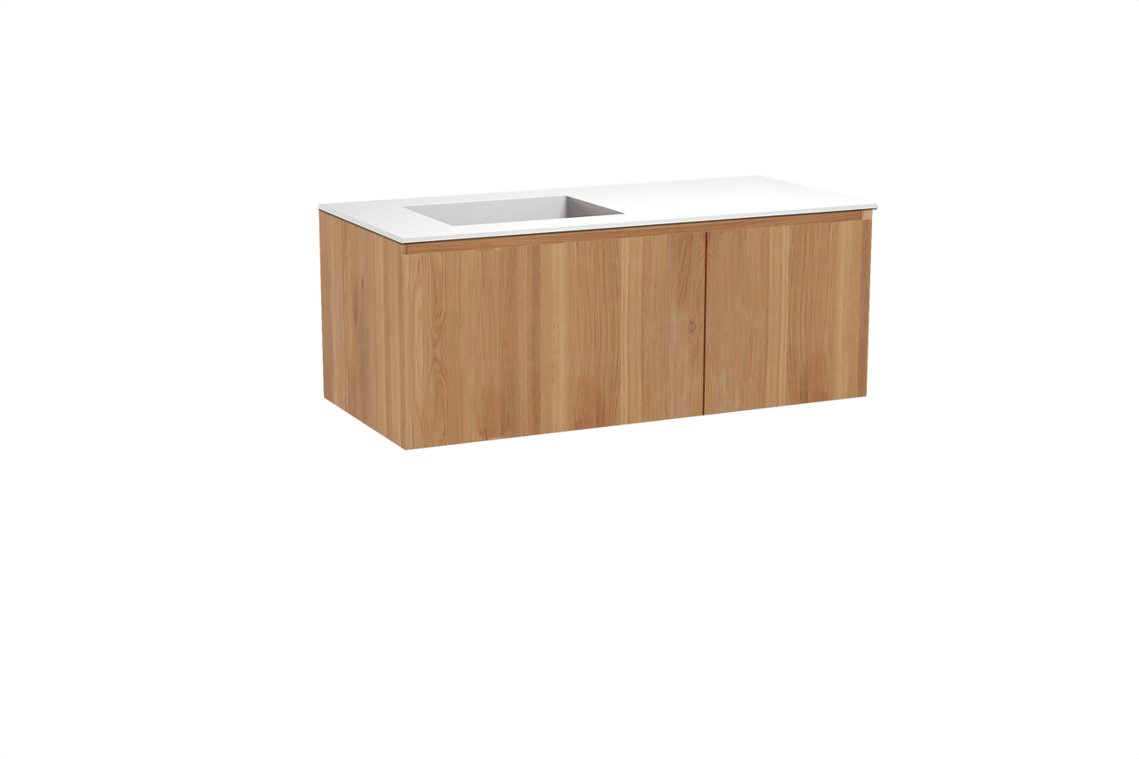 Balmani Idra meuble salle de bains suspendu 120 x 55 cm teck avec Tablo Stretto vasque asymétrique gauche en solid surface blanc mat