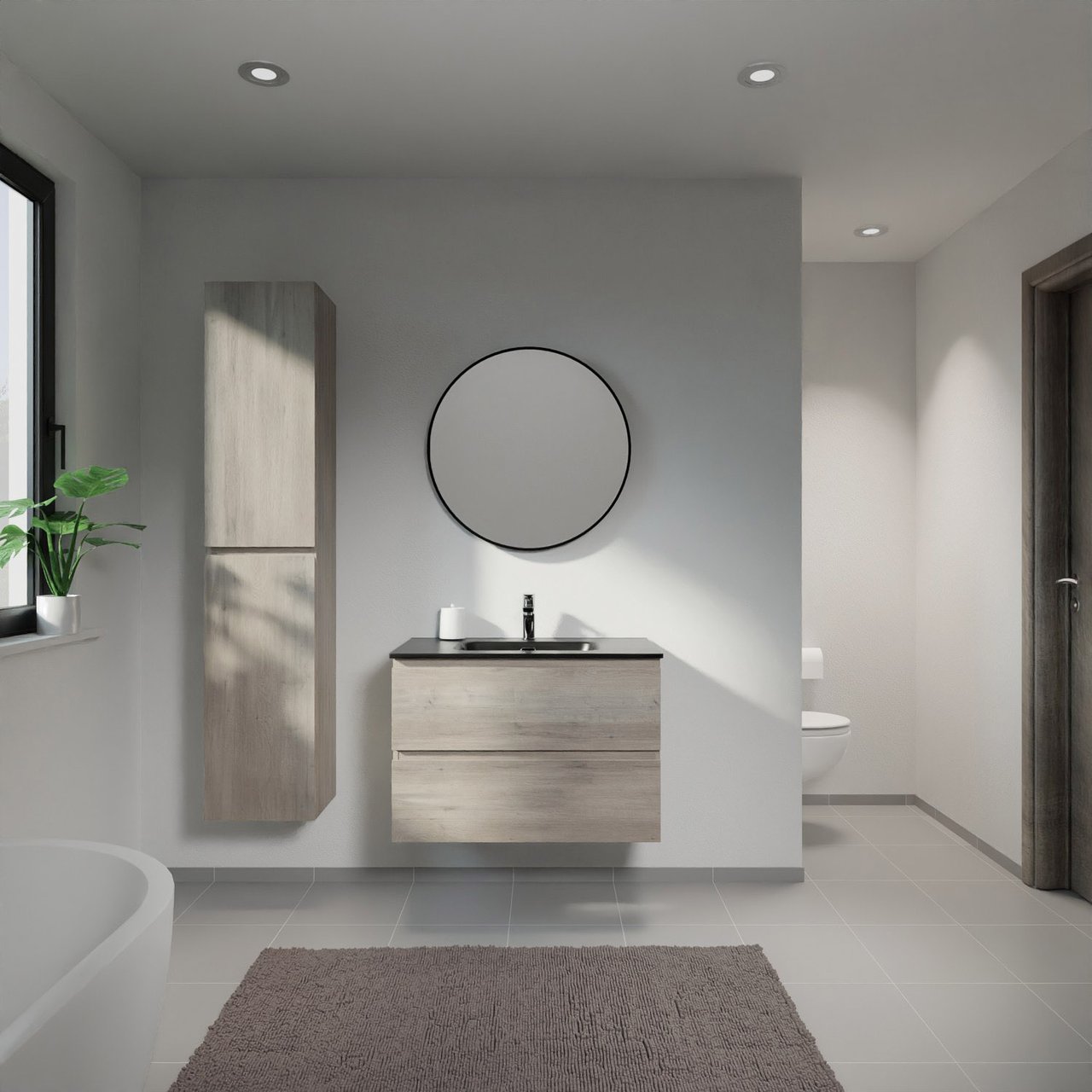 Linie Lado hängendes Möbelstück Set: 80 x 46 cm, Graue Eiche, mit Baro Einzelwaschtisch, Porzellan Schwarz matt