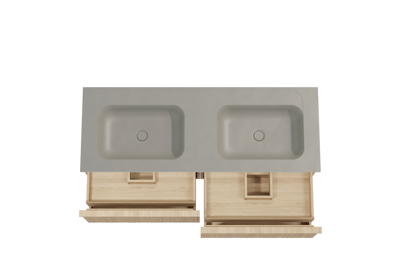 Balmani Forma zwevend badkamermeubel 150 x 55 cm natuur eik met Tablo Strada dubbele wastafel in composietmarmer zijdegrijs, Verticale asymmetrische ronde ribbel
